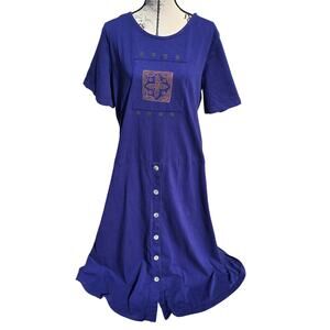 Vintage Blue Block Printed Retro 80s Dress Size 3XL